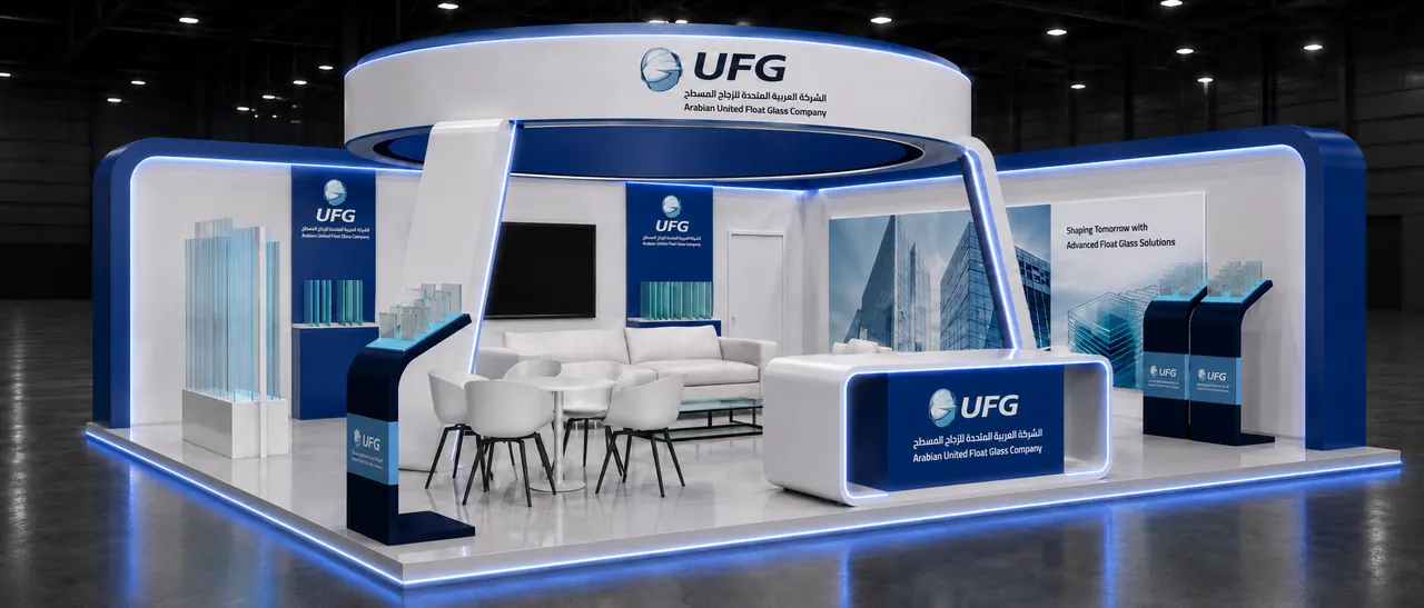 3D render of the Arabian United Float Glass exhibition stand designed by KO DESIGN