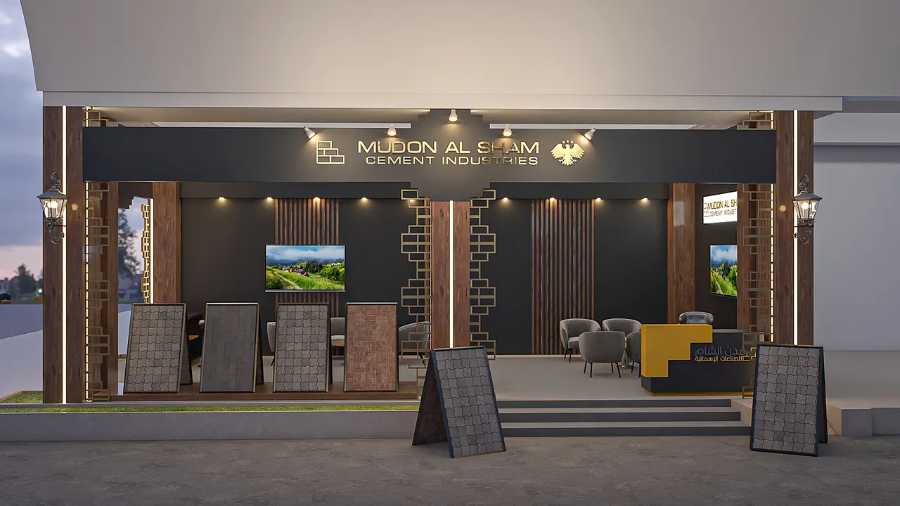 3D render of the Mudon Al Sham Cement exhibition stand designed by KO DESIGN